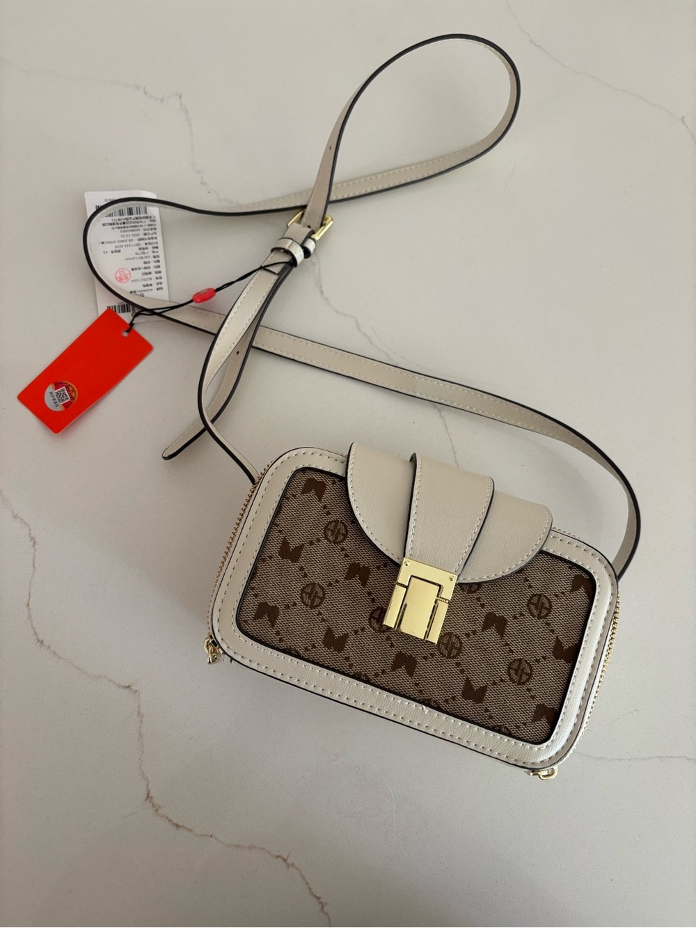 Faux Cream Leather Trim Crossbody Camera Bag in Cream and Brown